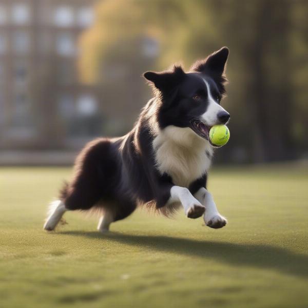 A 20kg dog playing fetch in a park