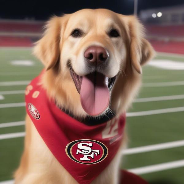 San Francisco 49ers dog wearing a jersey and bandana