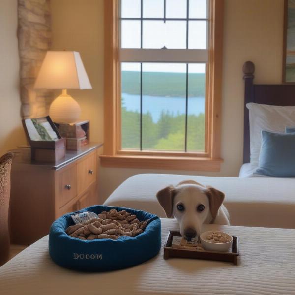 Dog-friendly hotel amenities in Acadia National Park: A cozy dog bed, water bowls, and treats await your furry friend.