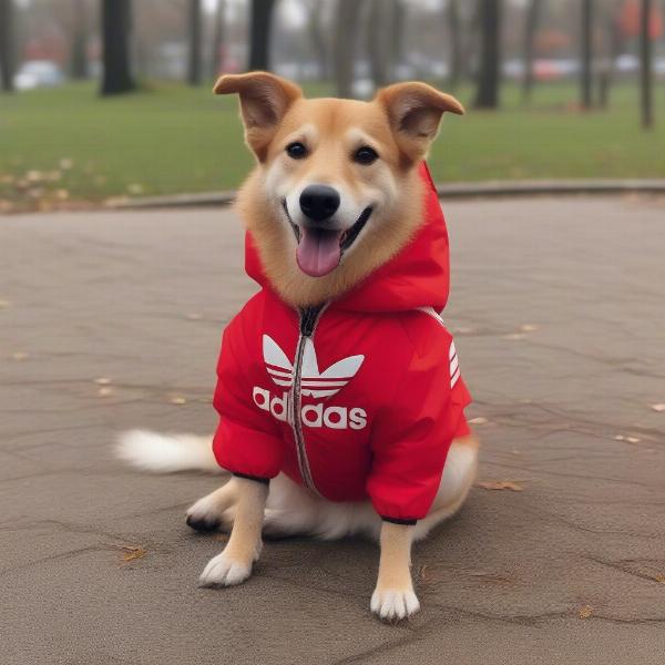 Dog wearing Adidas jacket