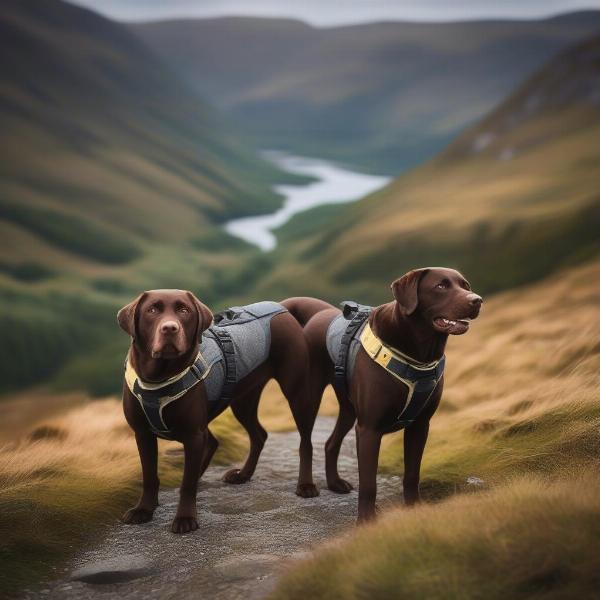 Adult Labrador Retrievers Hiking in the Scottish Mountains