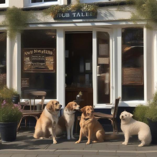 Exterior view of a dog-friendly pub in Alnmouth, with dogs and their owners sitting at outdoor tables.