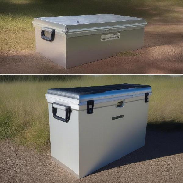 Comparing aluminum and plastic hunting dog boxes.