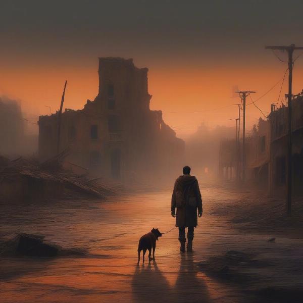 A lone survivor with their dog in a post-apocalyptic setting.