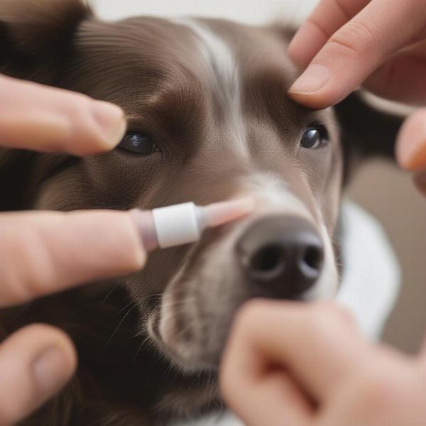 Applying antibiotic eye ointment to a dog