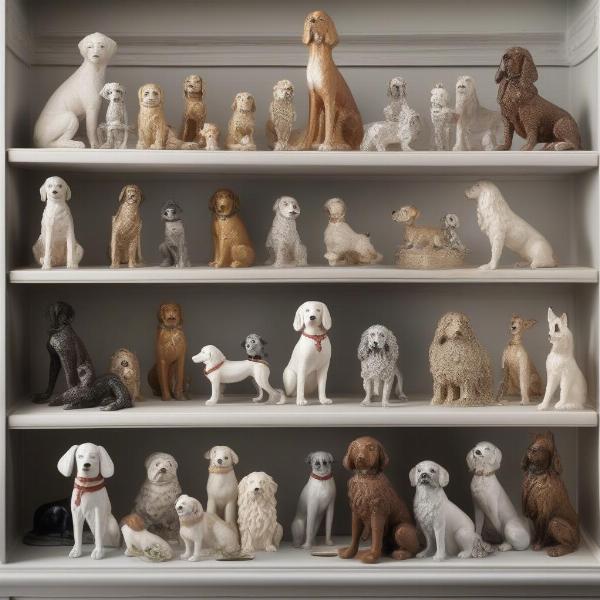 Antique dog figurines collection displayed on a shelf