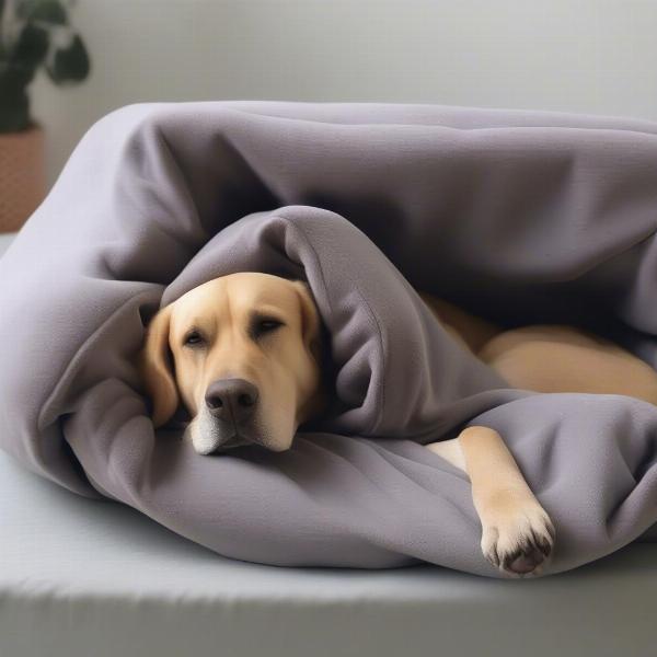 Anxious dog in a sweatshirt: A large dog wearing a calming sweatshirt, looking relaxed and comfortable in a home environment.