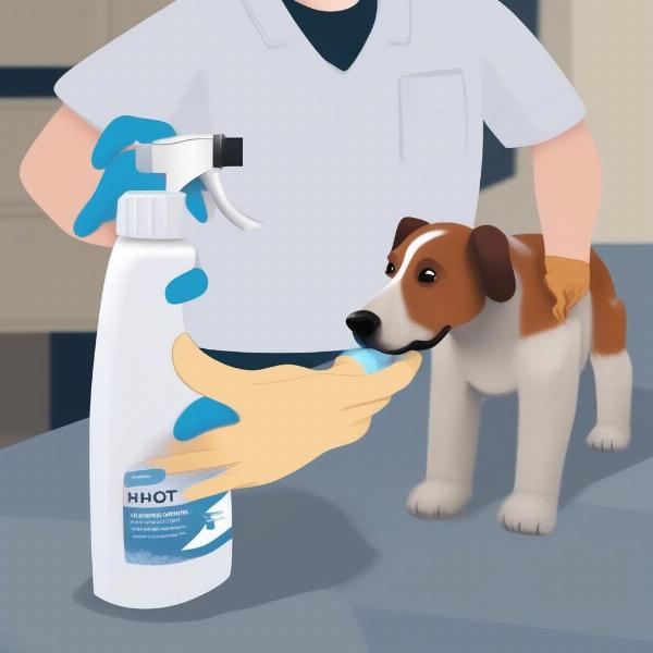 Applying antiseptic spray to a dog's hotspot