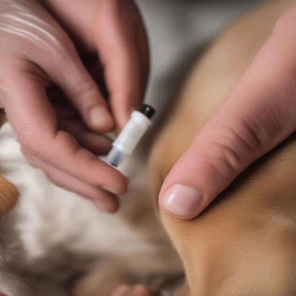 Applying diluted frankincense oil to a dog's wound.