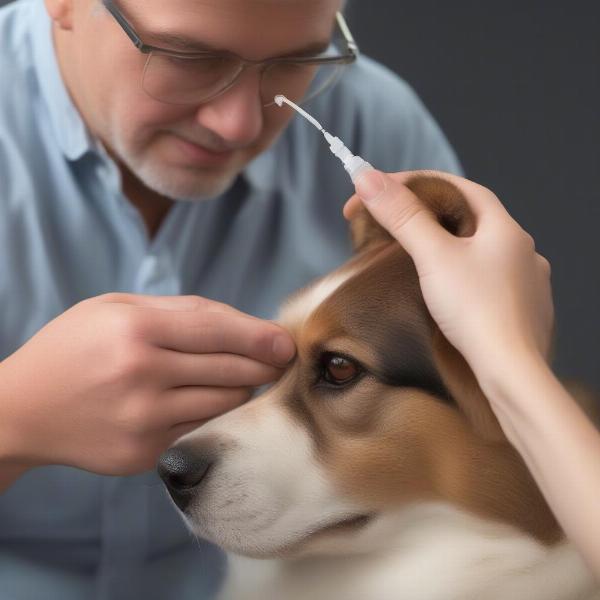 Applying Otodine ear drops to a dog