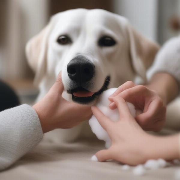 Applying witch hazel to dog