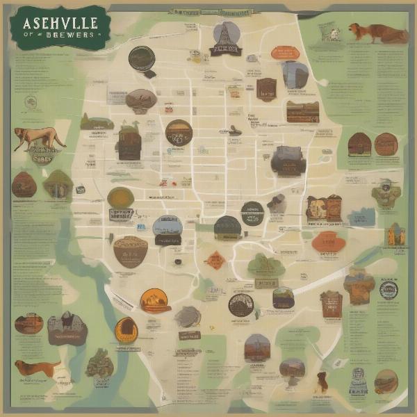 Map showing dog friendly breweries in Asheville