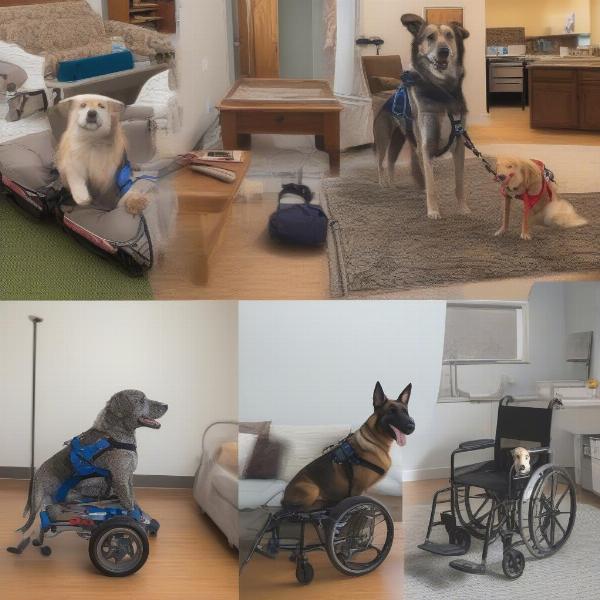 Assistive devices for senior dogs, including harnesses, slings, and wheelchairs.