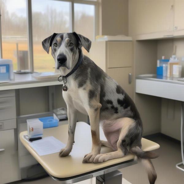 An Australian Shepherd Catahoula Leopard Dog at the vet