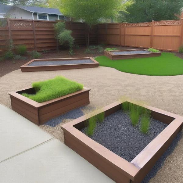 Dog potty area with different surfaces: grass, gravel, and mulch