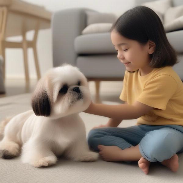 A child playing gently with a small, fluffy dog