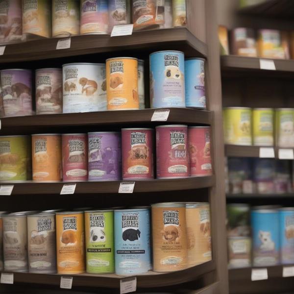 Barking Heads wet food cans displayed on a shelf