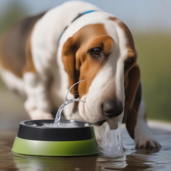 Basset Hound Drinking From a No-Spill Water Bowl