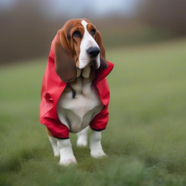 Basset Hound wearing a coat