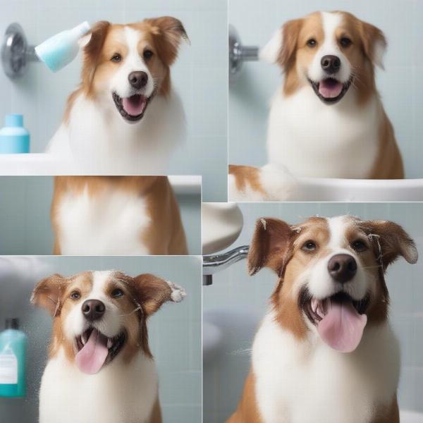 Bathing a dog with deodorising shampoo