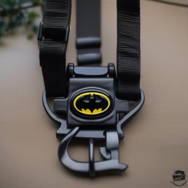 Close-up of a Batman dog collar's buckle and D-ring