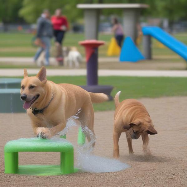 Dogs enjoying amenities at Battle Creek Dog Park