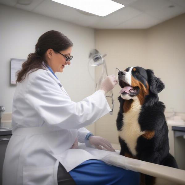 Bernese Mountain Dog getting a health check at the vet