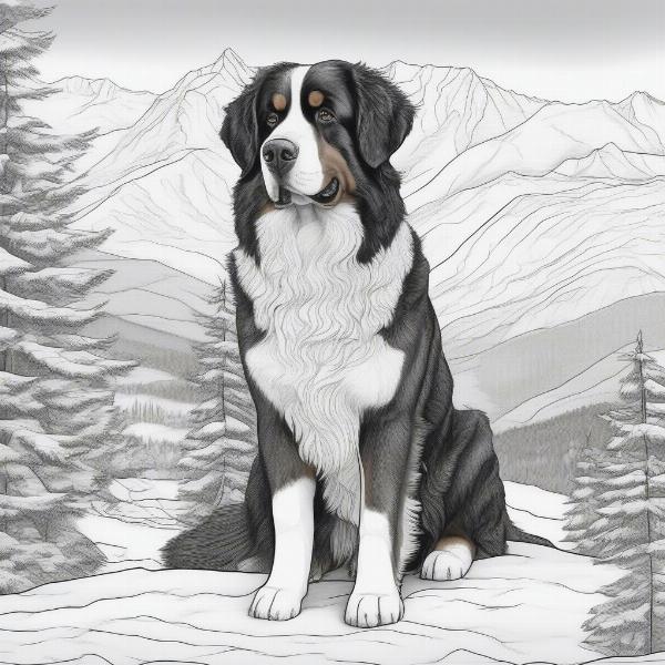 Bernese Mountain Dog adult in mountain scenery coloring page