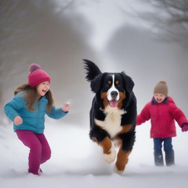 Bernese Mountain Dog playing in the snow