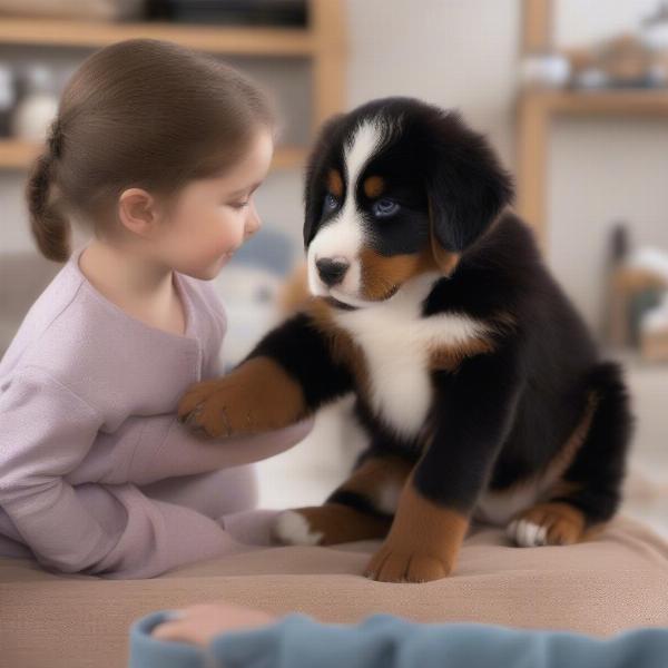 A Bernese Mountain Dog puppy being held by a breeder