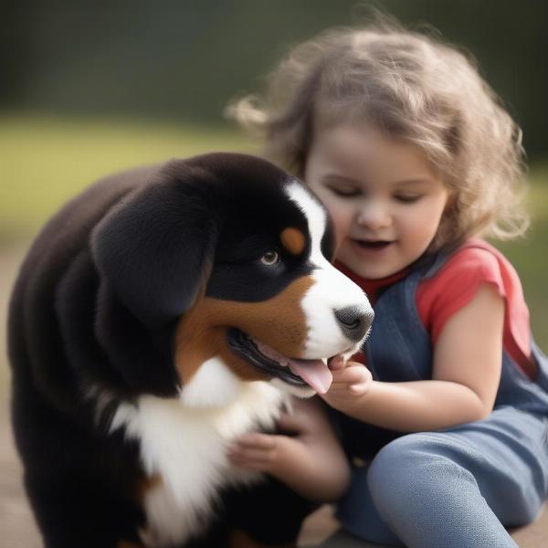 A Child Playing with a Bernese Mountain Dog Stuffed Animal