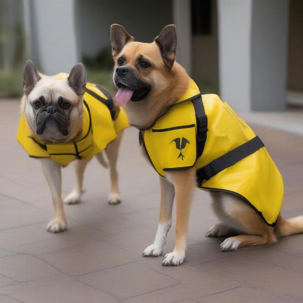 Different sizes of biohazard suits for dogs displayed on a table