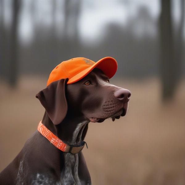 Bird dog wearing an orange hat while hunting