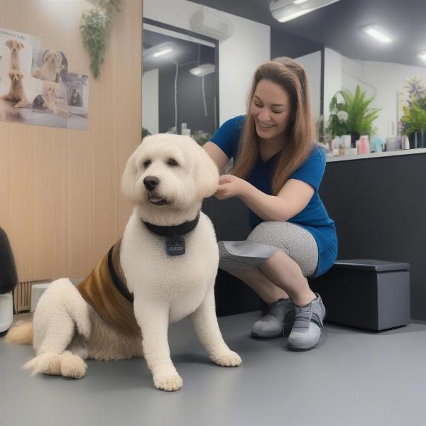 Dog groomer consulting with owner in Birkenhead