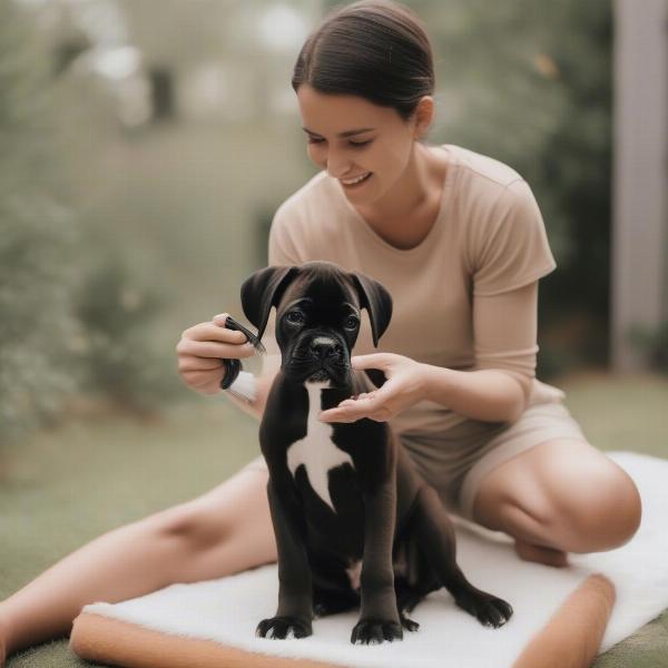 Black Boxer puppy being groomed