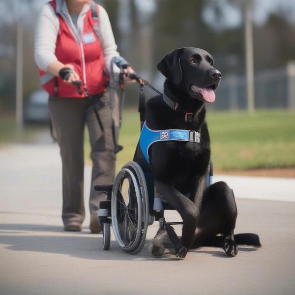 Black Lab service dog assisting a person with a disability.