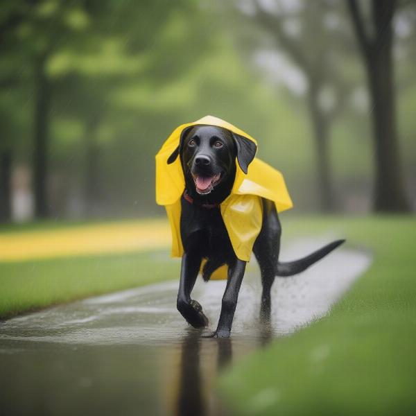 Black Labrador Retriever wearing raincoat in park