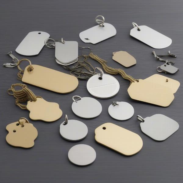 Various blank dog tags in different shapes and materials.