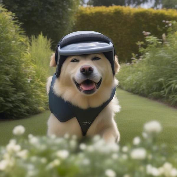 Blind Dog Confidently Exploring with a Head Protector