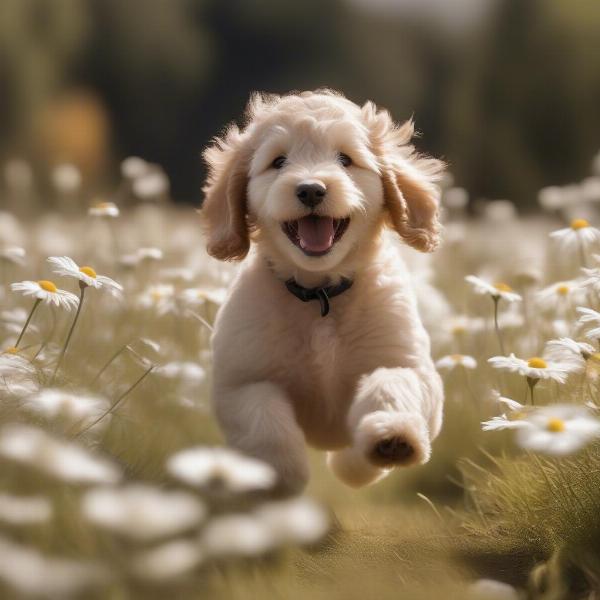 A playful golden doodle puppy running through a field of daisies.