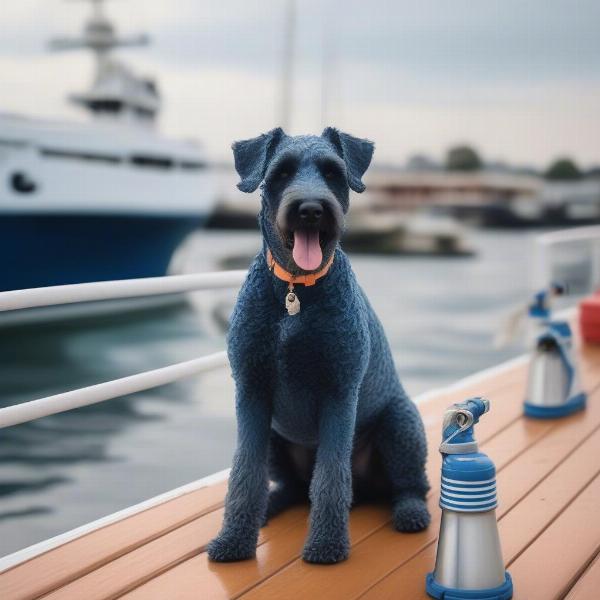 Blue dog with a marine air horn