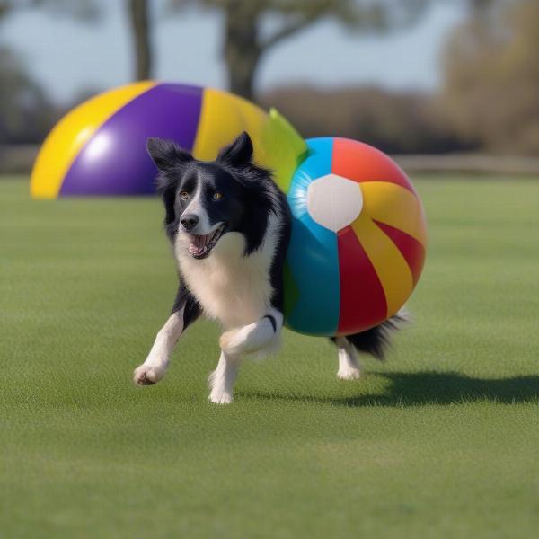 A Border Collie herding a large inflatable ball designed for dog herding activities