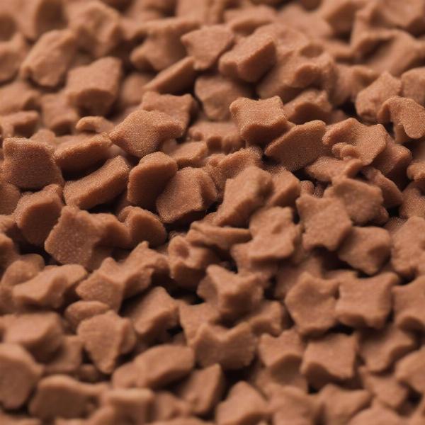 Close-up of dog food kibble with healthy ingredients.