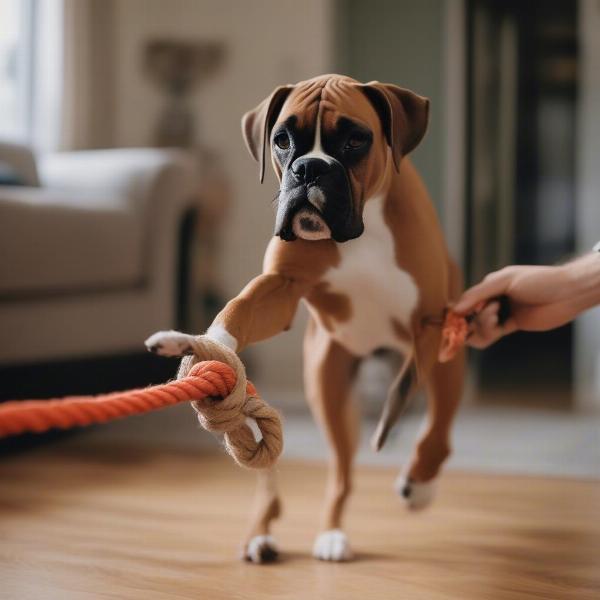 A Boxer dog engaged in a playful tug-of-war with its owner.