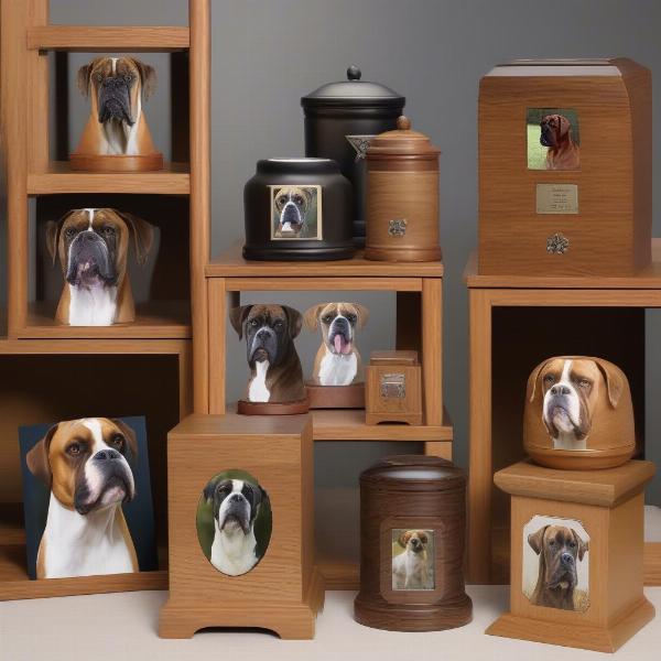 Various styles of boxer dog urns