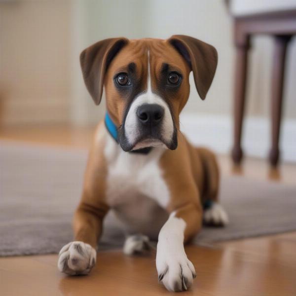 Boxer mixed breed dog sitting indoors