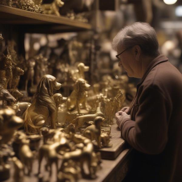 A person browsing a stall selling brass dog figurines at an antique market.