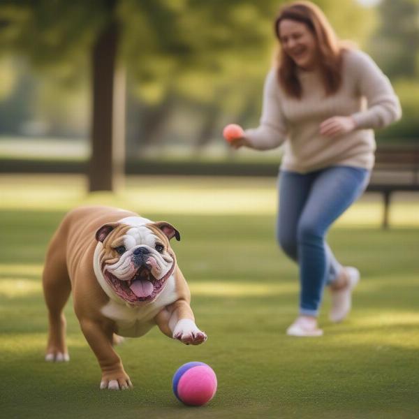 A British Bulldog rescue dog playing with its new owner