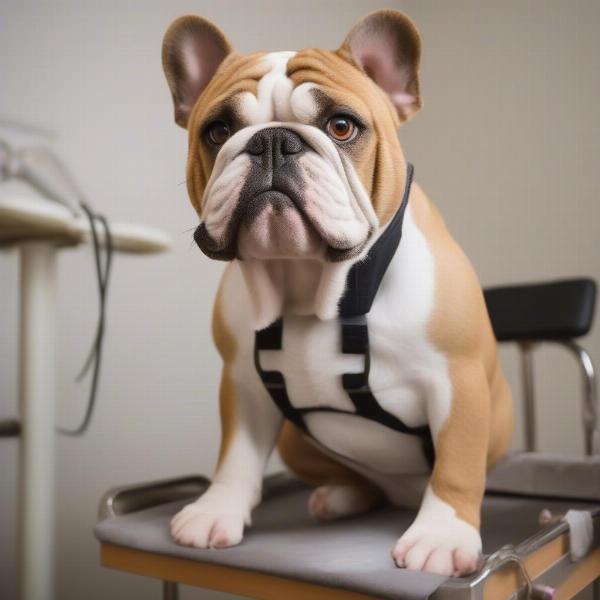 Bulldog wearing a muzzle at the vet