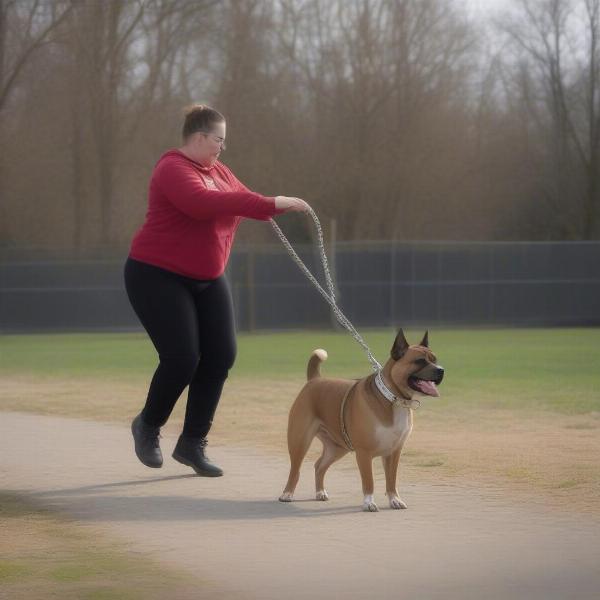 A bully dog being trained with a collar and leash.